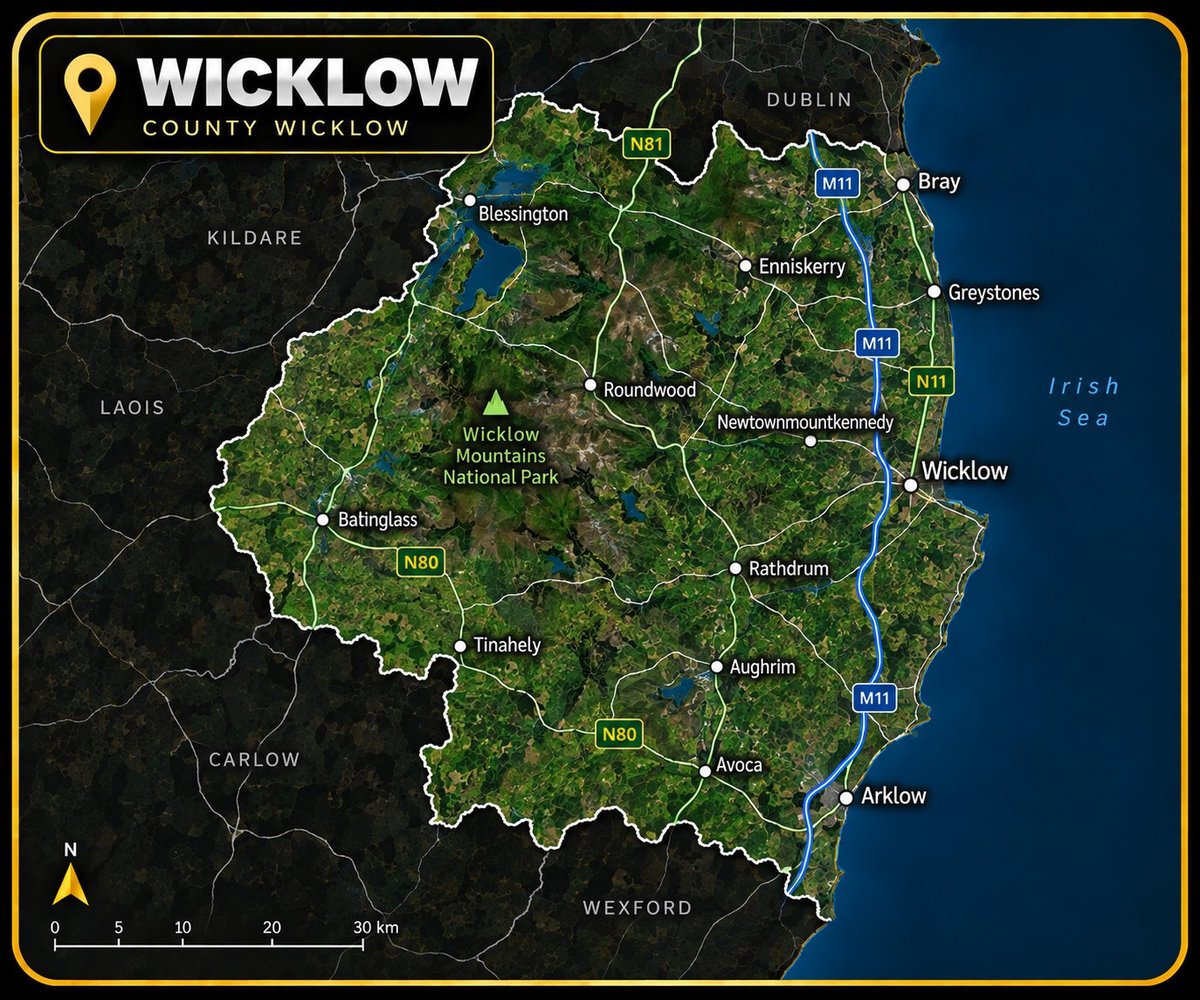 Map of County Wicklow showing towns, major roads and surrounding counties