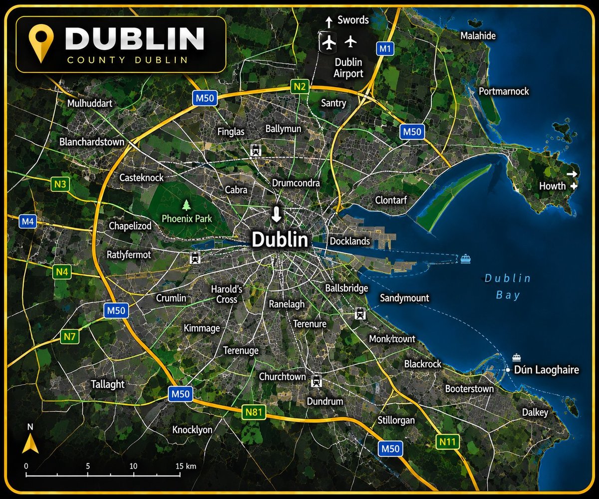 Map of County Dublin showing towns, major roads and surrounding counties