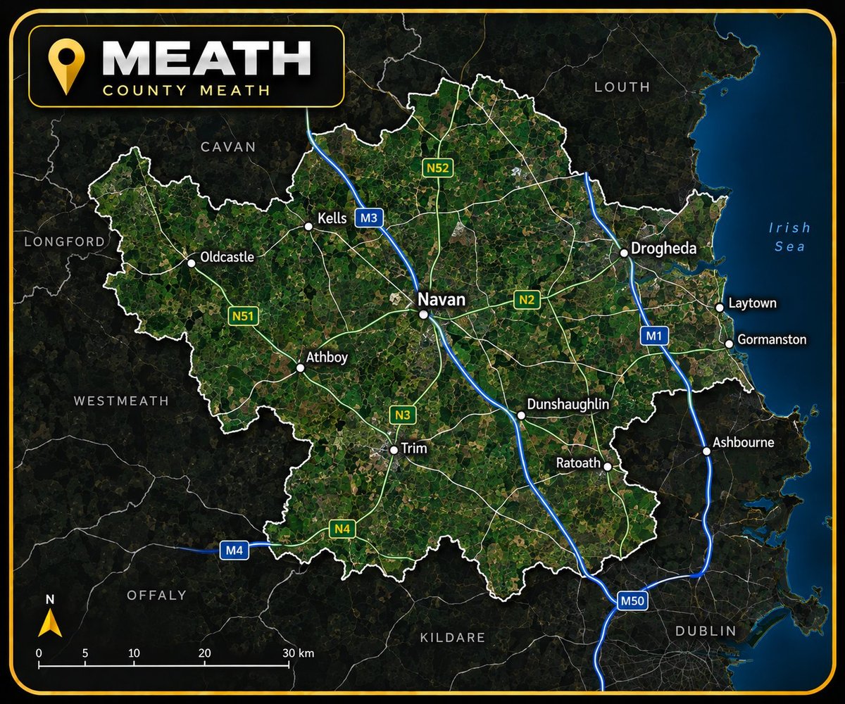Map of County Meath showing towns, major roads and surrounding counties