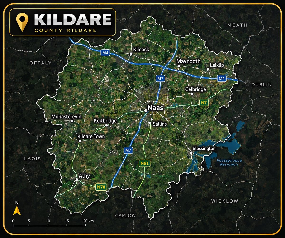 Map of County Kildare showing towns, major roads and surrounding counties